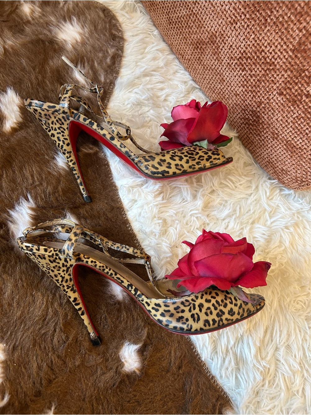 Christian Louboutin Leopard Print Patent Leather T-Strap Peep Toe Heels - Picture 3 of 9